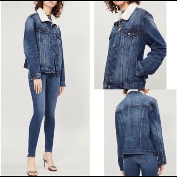 Good American denim jacket trucker 0/1 boyfriend Sherpa collar Whiskering NWT - Picture 1 of 12